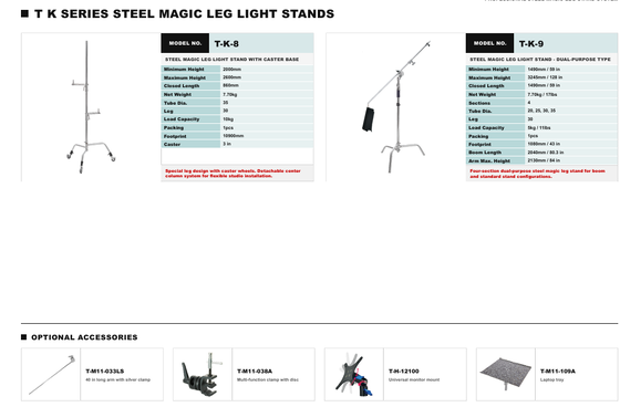 TK-1 Series Heavy-Duty Steel C-Stand with 10 kg Load Capacity and 360° Rotating Locking Disc for Professional Grip Support